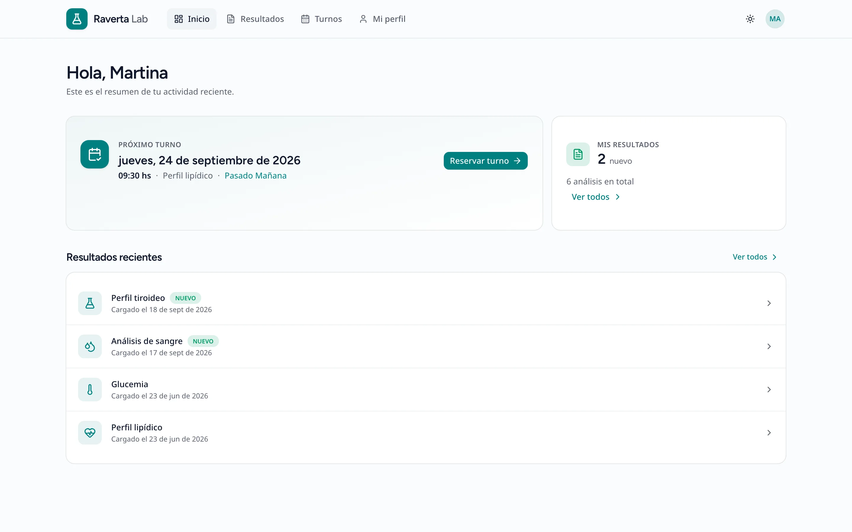 Portal de pacientes del laboratorio con próximo turno y resultados recientes